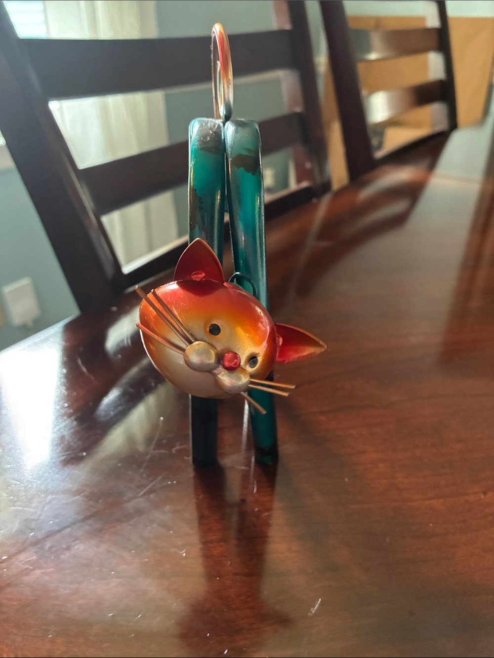 Teal and Orange Metal Cat Sculpture - Decorative Home Art - Picture 2 of 4